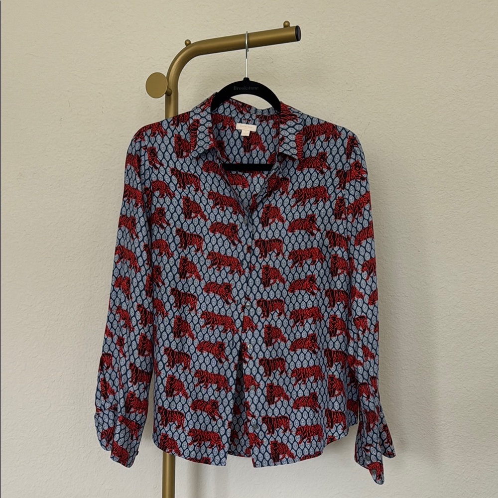 J. Crew Collection Silk Blue and Red tigger  Long Sleeve Button Down Shirt